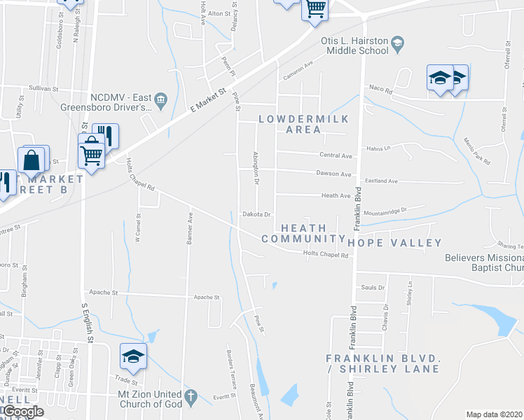 map of restaurants, bars, coffee shops, grocery stores, and more near in Greensboro