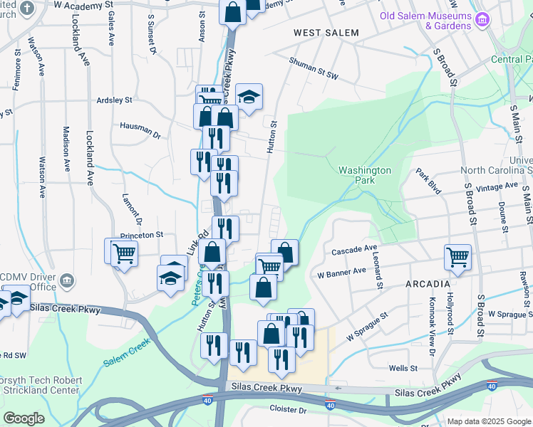 map of restaurants, bars, coffee shops, grocery stores, and more near 1076 Hutton Street in Winston-Salem