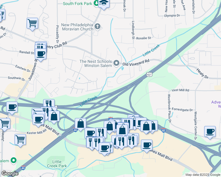 map of restaurants, bars, coffee shops, grocery stores, and more near 101 Royal Forest Court in Winston-Salem