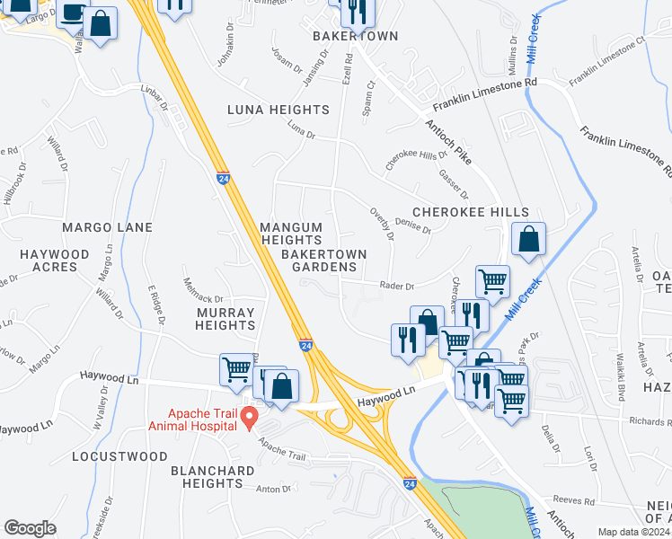 map of restaurants, bars, coffee shops, grocery stores, and more near 212 Bakertown Road in Nashville
