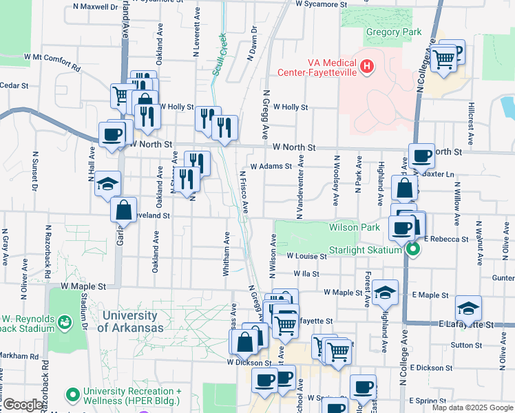 map of restaurants, bars, coffee shops, grocery stores, and more near 847 North Gregg Avenue in Fayetteville