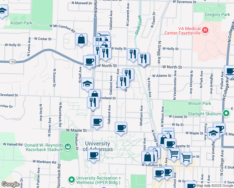 map of restaurants, bars, coffee shops, grocery stores, and more near 832 West Eagle Street in Fayetteville