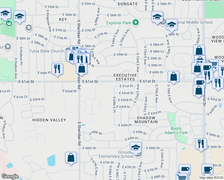 map of restaurants, bars, coffee shops, grocery stores, and more near 6102 South 69th East Place in Tulsa