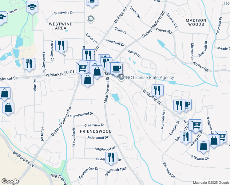 map of restaurants, bars, coffee shops, grocery stores, and more near 101 Meadowood Street in Greensboro