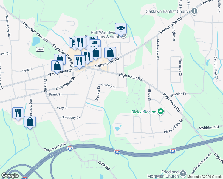 map of restaurants, bars, coffee shops, grocery stores, and more near 3055 Greeley Street in Winston-Salem