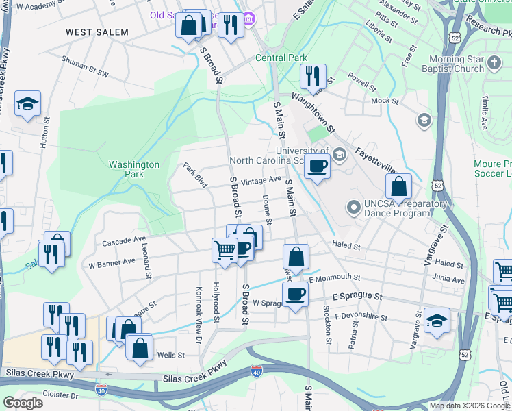 map of restaurants, bars, coffee shops, grocery stores, and more near 119 Gloria Avenue in Winston-Salem