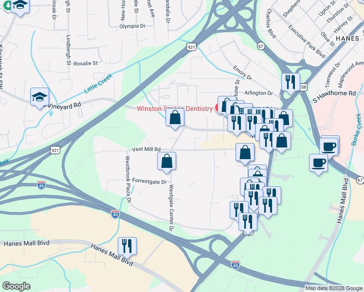 map of restaurants, bars, coffee shops, grocery stores, and more near 1350 Ashleybrook Lane in Winston-Salem