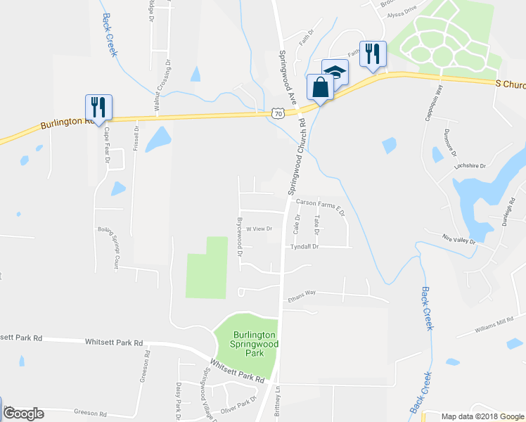map of restaurants, bars, coffee shops, grocery stores, and more near 111 Carson Farms West Drive in Burlington