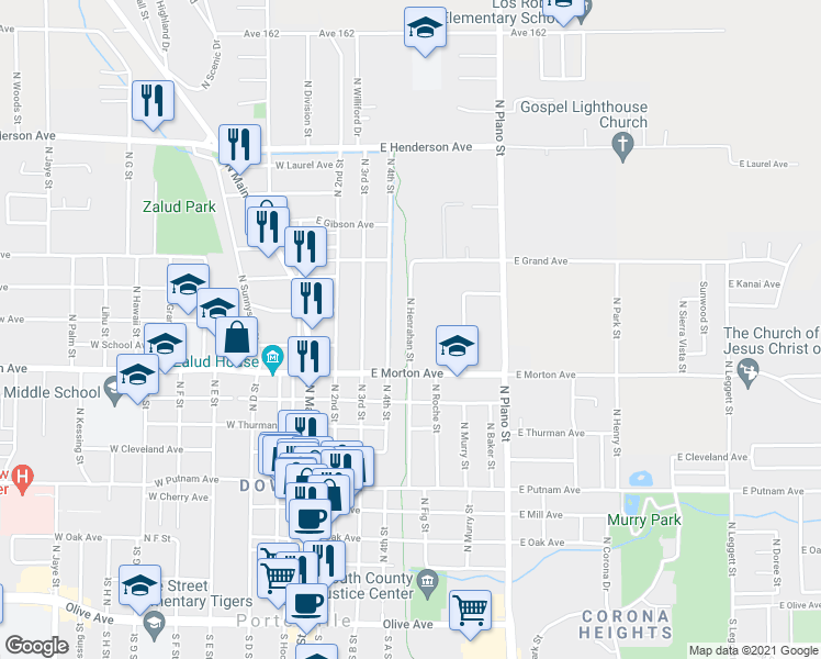 map of restaurants, bars, coffee shops, grocery stores, and more near 480 North Henrahan Street in Porterville