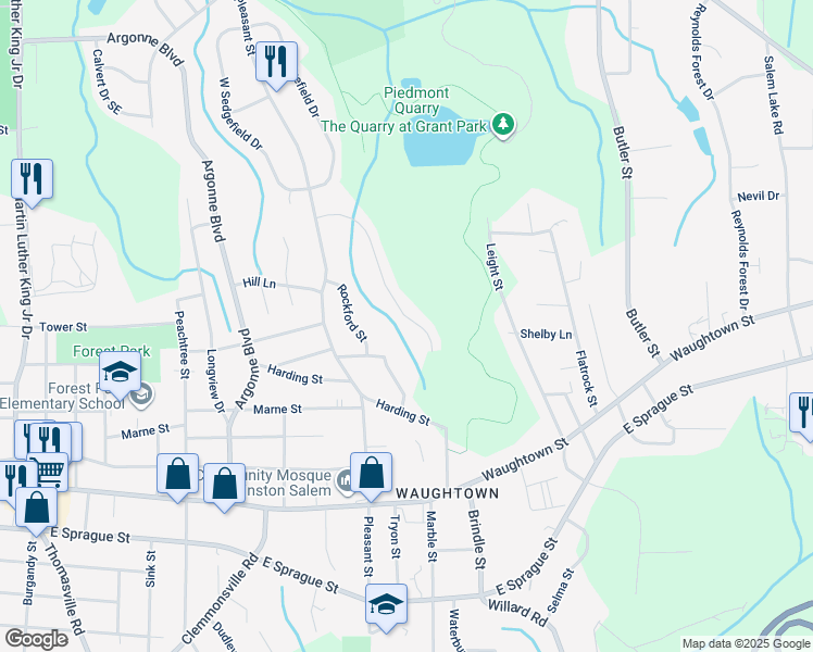 map of restaurants, bars, coffee shops, grocery stores, and more near 1636 Marble Street in Winston-Salem