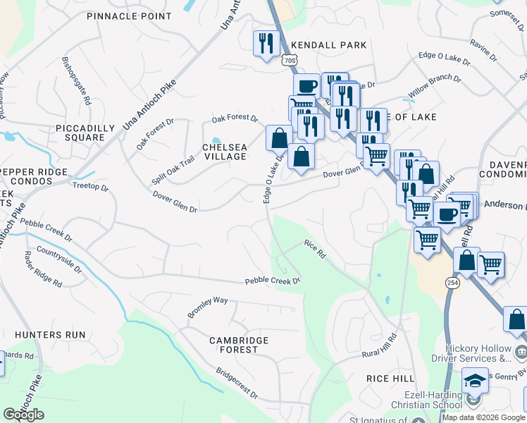 map of restaurants, bars, coffee shops, grocery stores, and more near 2240 Edge O Lake Drive in Nashville