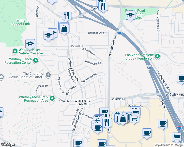 map of restaurants, bars, coffee shops, grocery stores, and more near 1417 Bareback Court in Henderson