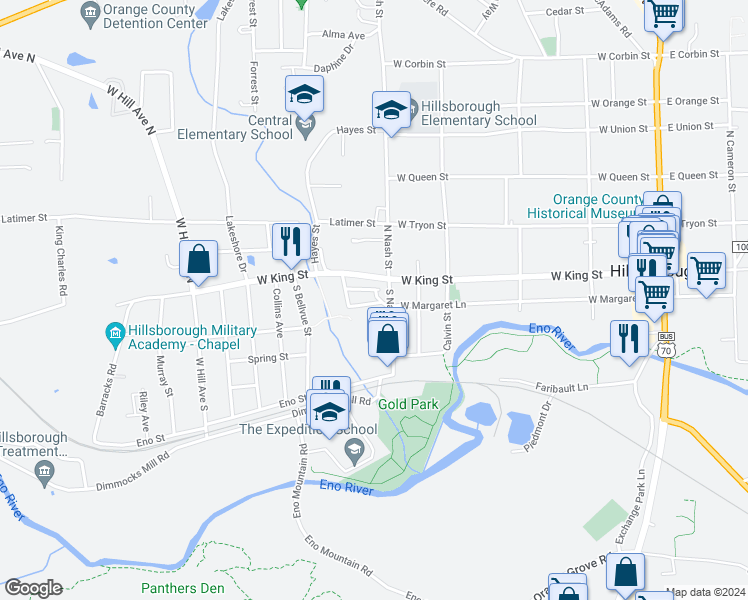 map of restaurants, bars, coffee shops, grocery stores, and more near 302 Knight Street in Hillsborough
