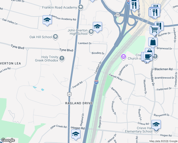 map of restaurants, bars, coffee shops, grocery stores, and more near 710 Farrell Road in Oak Hill