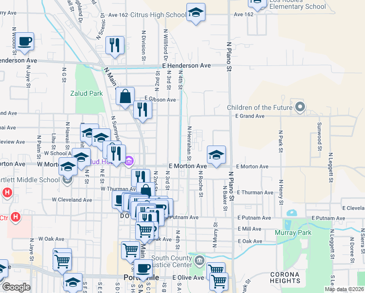 map of restaurants, bars, coffee shops, grocery stores, and more near 511 North 4th Street in Porterville