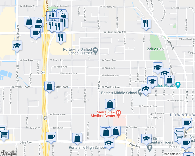 map of restaurants, bars, coffee shops, grocery stores, and more near 469 North Villa Street in Porterville