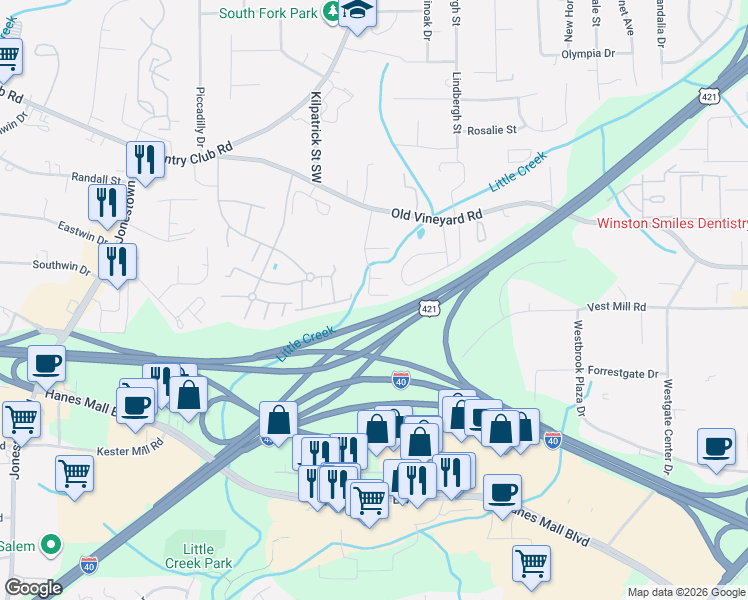 map of restaurants, bars, coffee shops, grocery stores, and more near 101 Royal Forest Court in Winston-Salem