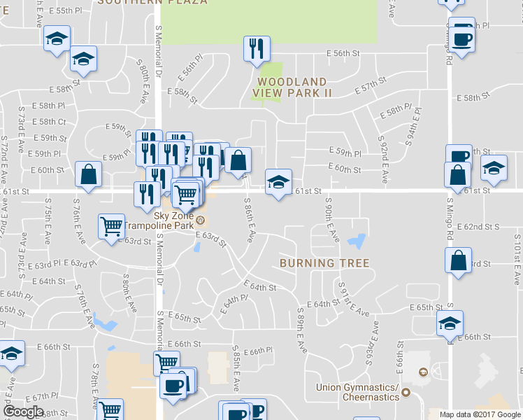map of restaurants, bars, coffee shops, grocery stores, and more near 6102 South 87th East Avenue South in Tulsa
