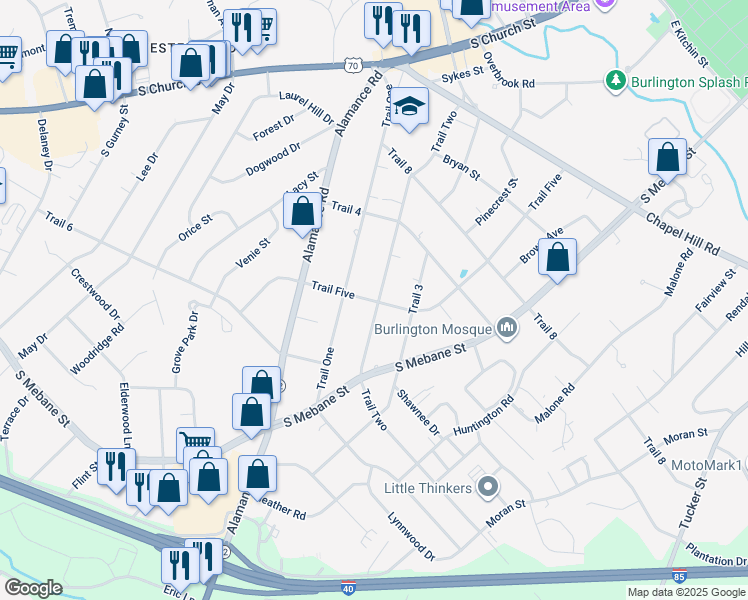 map of restaurants, bars, coffee shops, grocery stores, and more near 2409 Trail Five in Burlington