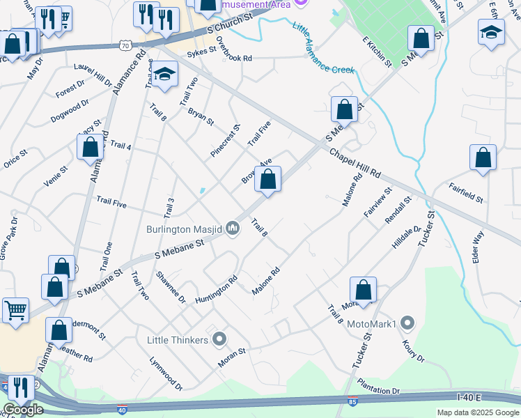 map of restaurants, bars, coffee shops, grocery stores, and more near 1810 South Mebane Street in Burlington