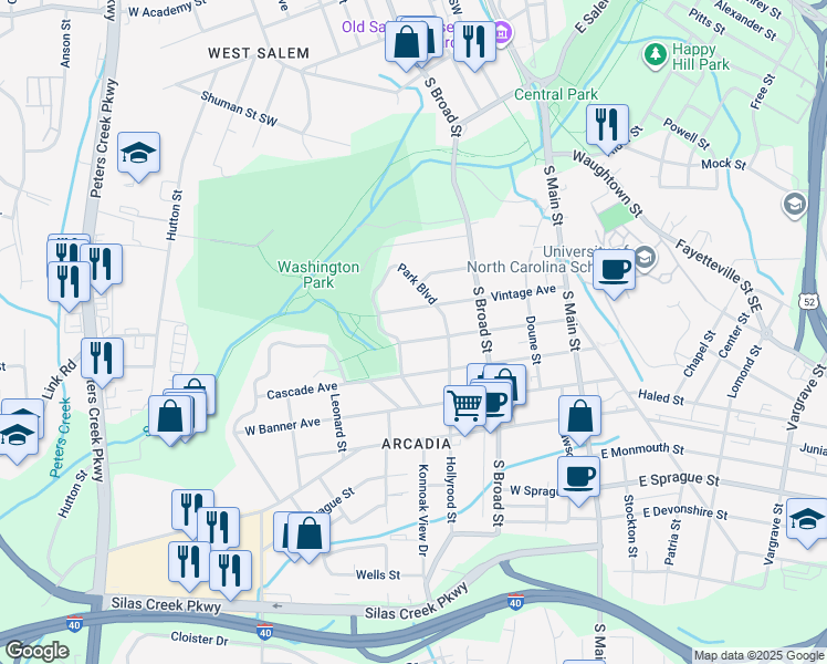 map of restaurants, bars, coffee shops, grocery stores, and more near 327 Gloria Avenue in Winston-Salem
