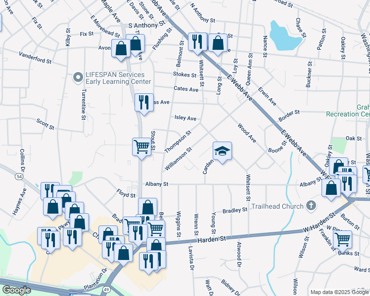 map of restaurants, bars, coffee shops, grocery stores, and more near 324 Thompson Street in Burlington