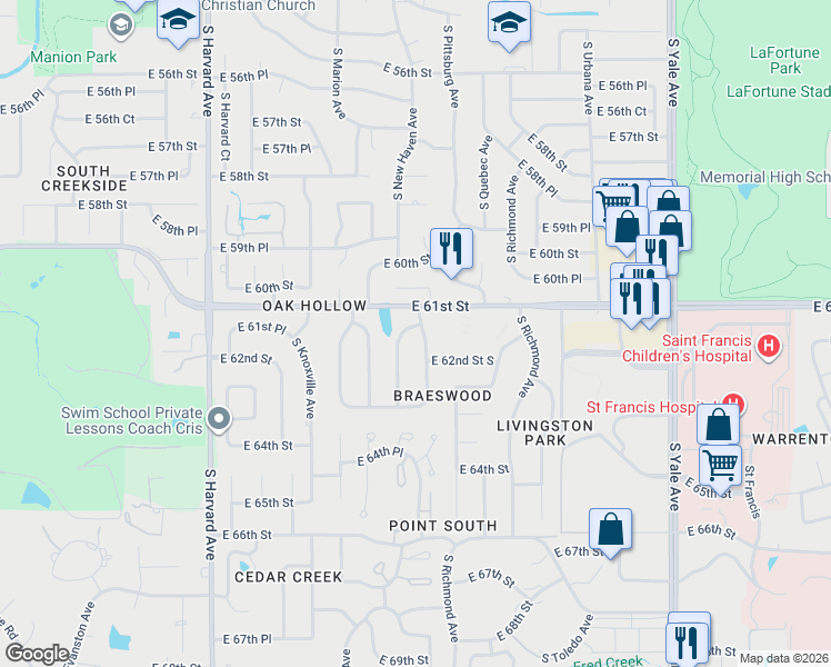 map of restaurants, bars, coffee shops, grocery stores, and more near 6106 South Oswego Avenue in Tulsa