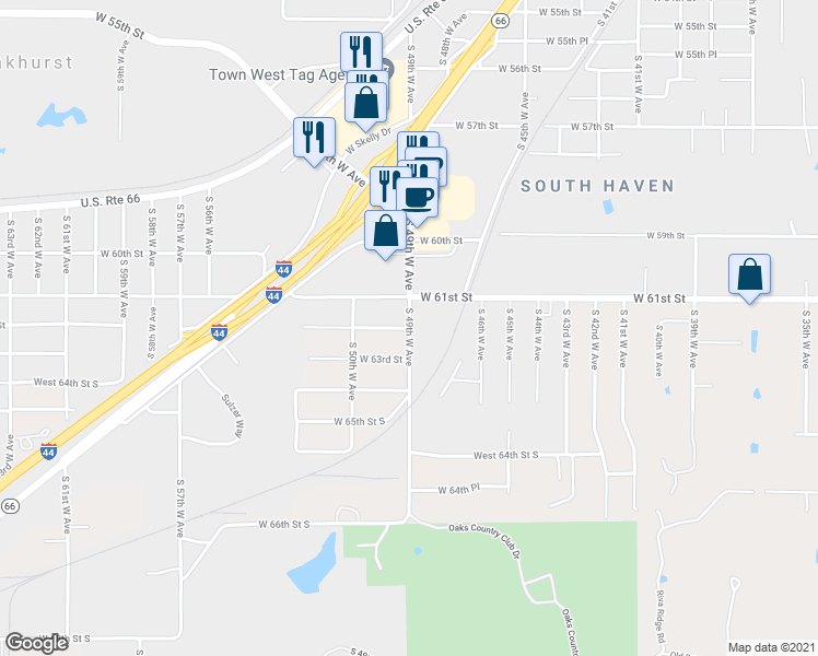 map of restaurants, bars, coffee shops, grocery stores, and more near 4901 West 62nd Street South in Tulsa