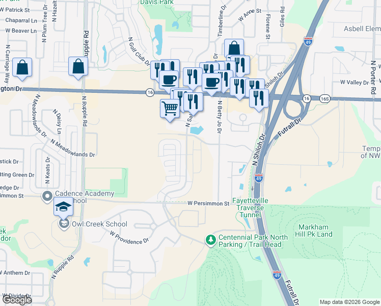 map of restaurants, bars, coffee shops, grocery stores, and more near 707 North Salem Road in Fayetteville