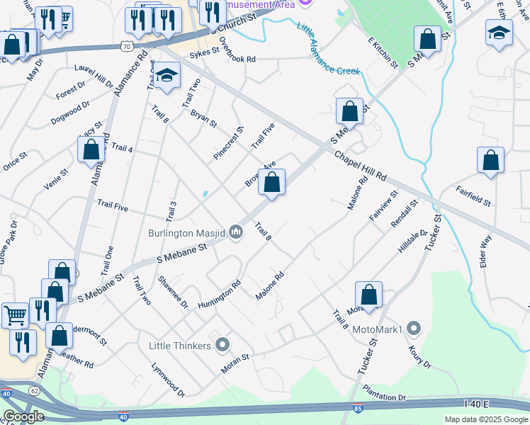 map of restaurants, bars, coffee shops, grocery stores, and more near 1810 South Mebane Street in Burlington