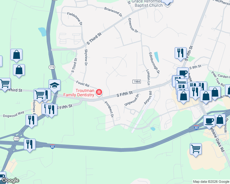 map of restaurants, bars, coffee shops, grocery stores, and more near 1112 South 5th Street in Mebane