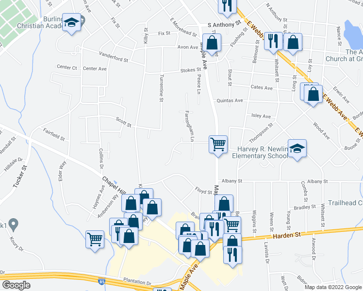 map of restaurants, bars, coffee shops, grocery stores, and more near 630 Arden Street in Burlington