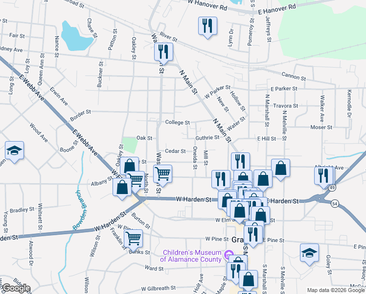 map of restaurants, bars, coffee shops, grocery stores, and more near 302 Guthrie Street in Graham