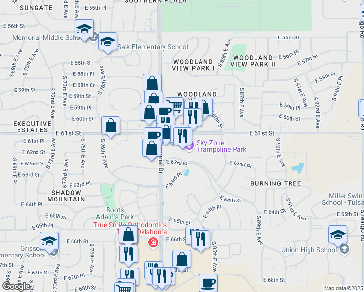 map of restaurants, bars, coffee shops, grocery stores, and more near 8228 East 61st Street in Tulsa
