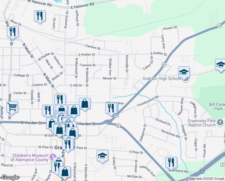 map of restaurants, bars, coffee shops, grocery stores, and more near 401 Walker Avenue in Graham
