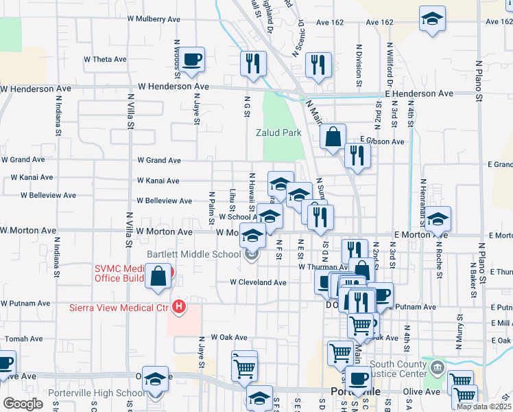 map of restaurants, bars, coffee shops, grocery stores, and more near 242 West Belleview Avenue in Porterville