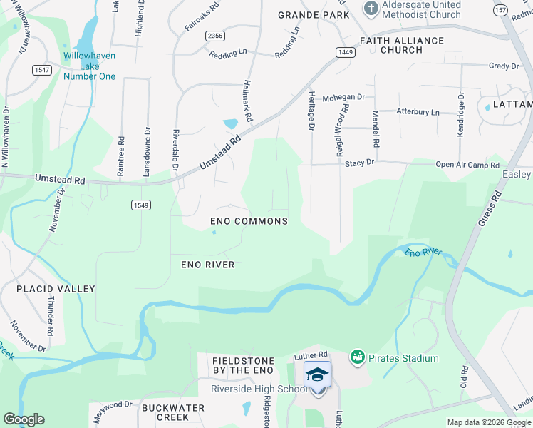 map of restaurants, bars, coffee shops, grocery stores, and more near 2 Indigo Creek Trail in Durham