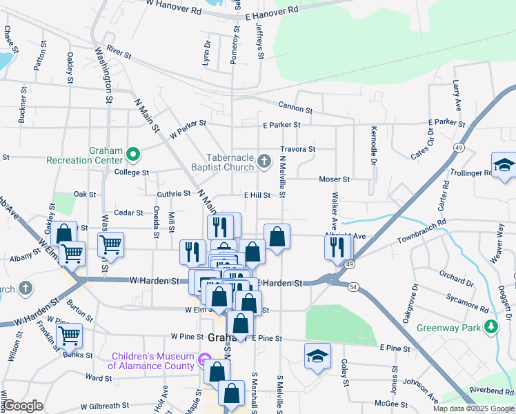 map of restaurants, bars, coffee shops, grocery stores, and more near 201-299 East Hill Street in Graham