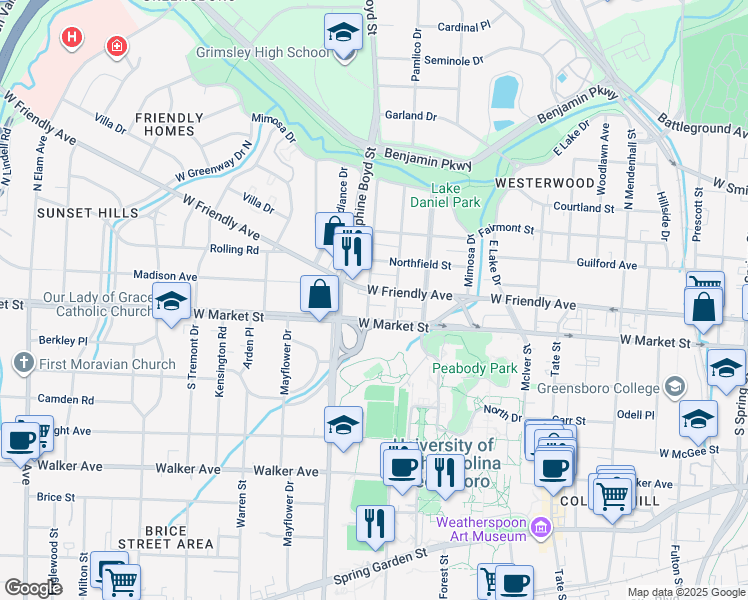 map of restaurants, bars, coffee shops, grocery stores, and more near in Greensboro