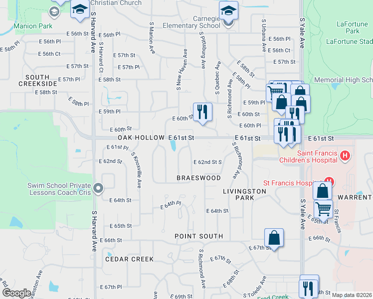 map of restaurants, bars, coffee shops, grocery stores, and more near 6106 South Oswego Avenue in Tulsa
