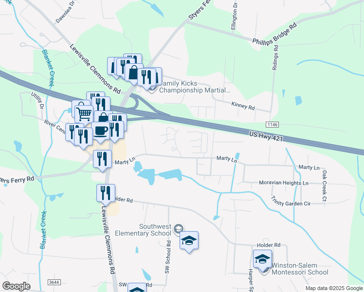 map of restaurants, bars, coffee shops, grocery stores, and more near 1433 King Charles Drive in Clemmons
