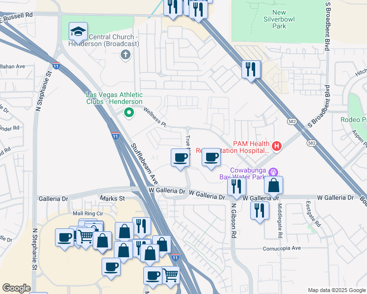 map of restaurants, bars, coffee shops, grocery stores, and more near 850 Bronzite Street in Henderson