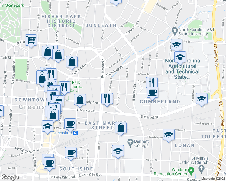 map of restaurants, bars, coffee shops, grocery stores, and more near 328 Cumberland Street in Greensboro