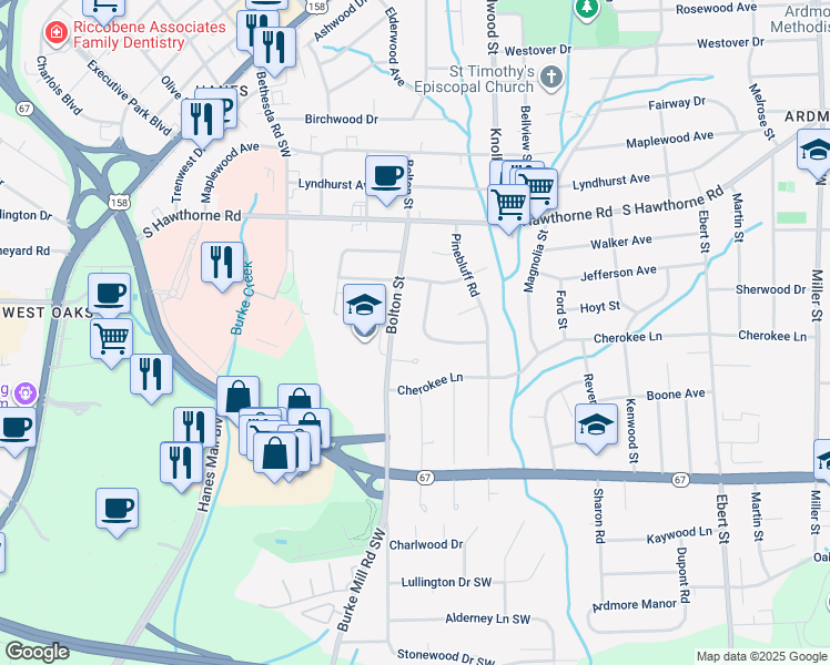 map of restaurants, bars, coffee shops, grocery stores, and more near 1224 Wedgewood Drive in Winston-Salem