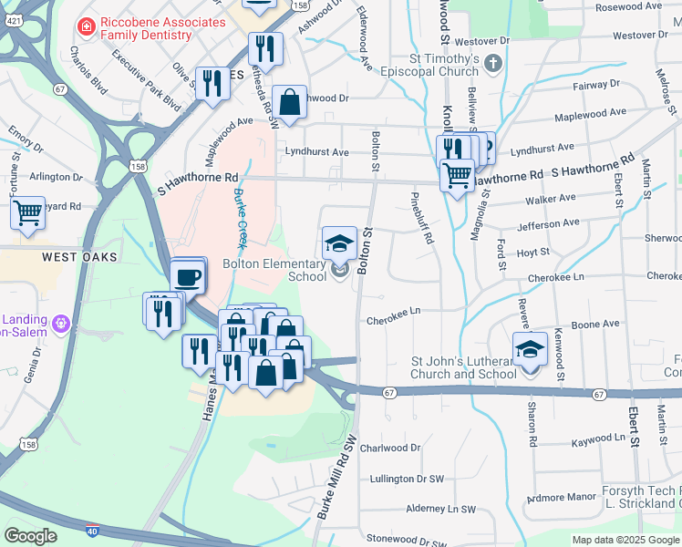 map of restaurants, bars, coffee shops, grocery stores, and more near 1250 Bolton Street in Winston-Salem