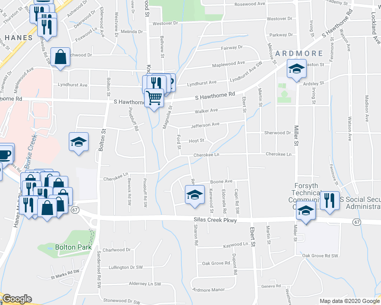 map of restaurants, bars, coffee shops, grocery stores, and more near 2435 Cherokee Lane in Winston-Salem