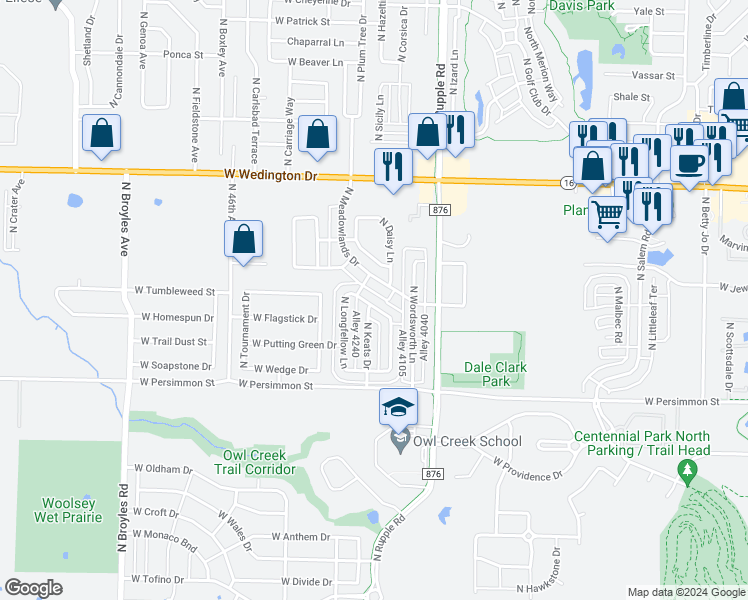 map of restaurants, bars, coffee shops, grocery stores, and more near 4186 West Bradstreet Lane in Fayetteville