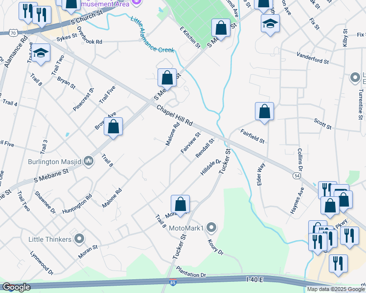 map of restaurants, bars, coffee shops, grocery stores, and more near 1711 Fairview Street in Burlington