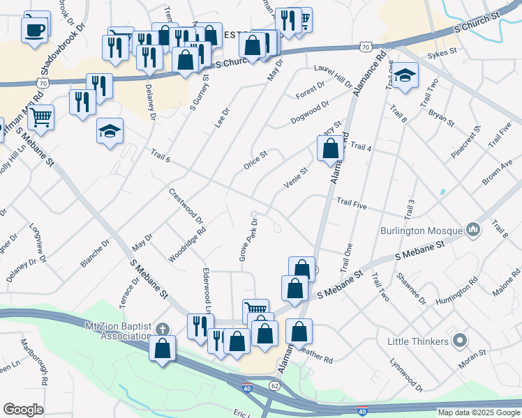 map of restaurants, bars, coffee shops, grocery stores, and more near 2442 Lacy Street in Burlington