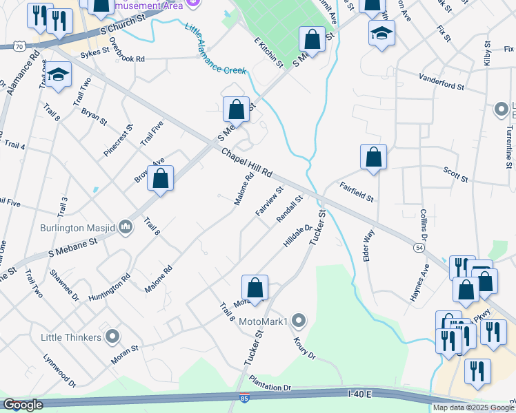 map of restaurants, bars, coffee shops, grocery stores, and more near 1711 Fairview Street in Burlington